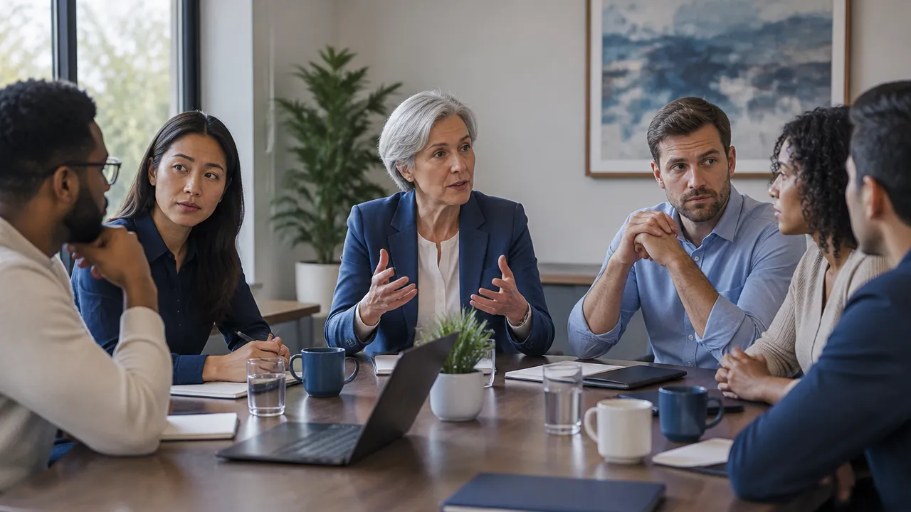 Coworkers in a meeting show subtle hesitation during a workplace culture change