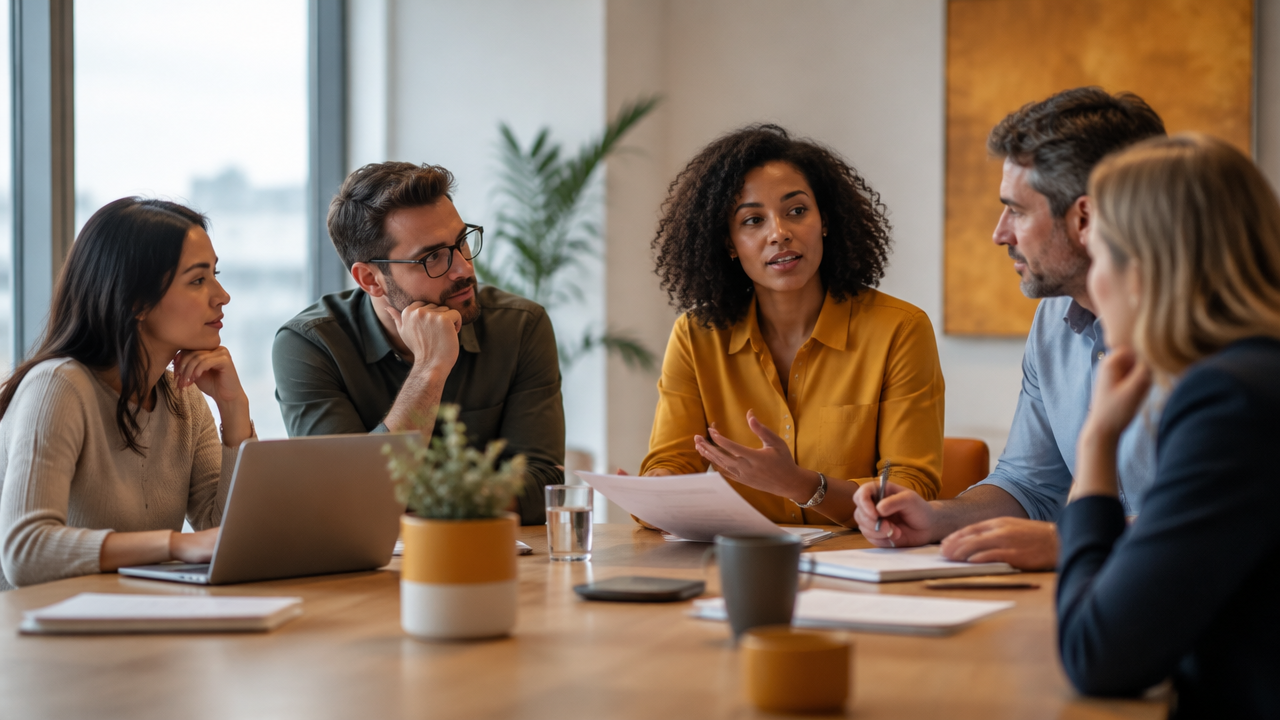 Coworkers listen and discuss a workplace change with calm, attentive expressions