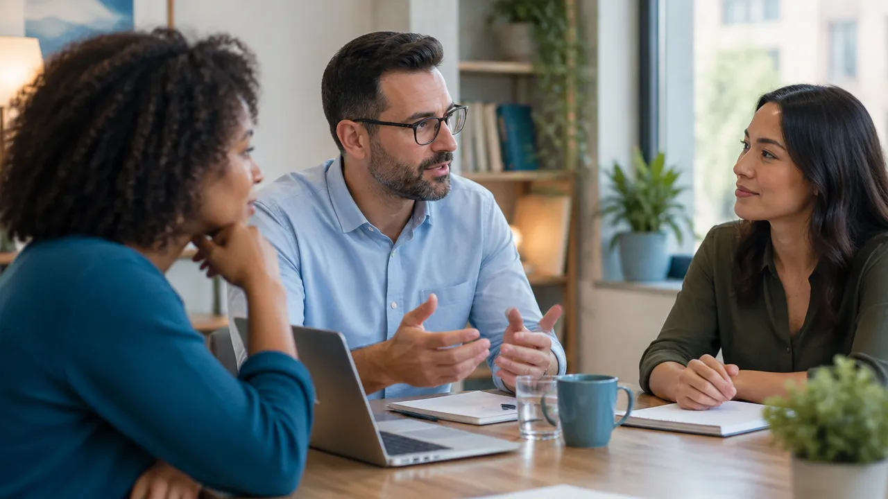 Coworkers listening and responding thoughtfully during a constructive conversation.