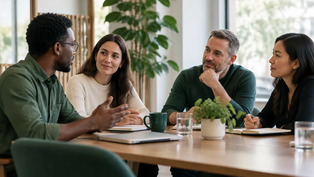 Coworkers listening to one another during a supportive workplace check-in