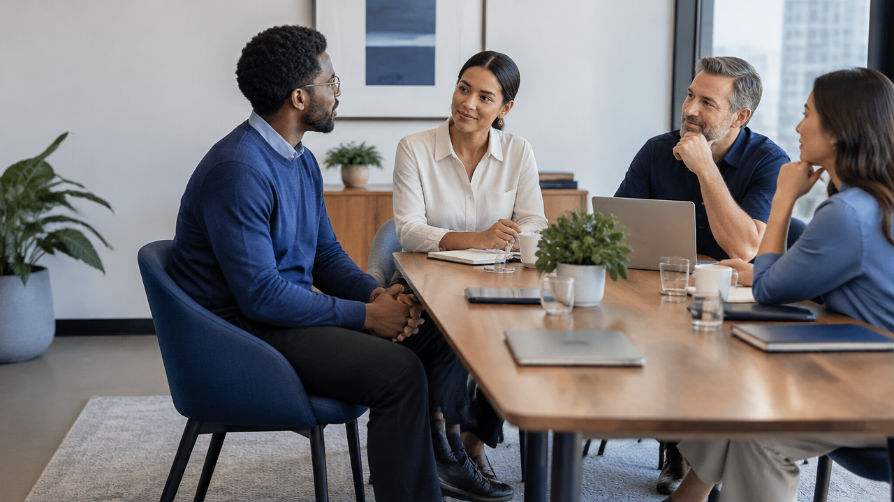 Coworkers pause attentively in a meeting, using grounded posture to support calm collaboration.