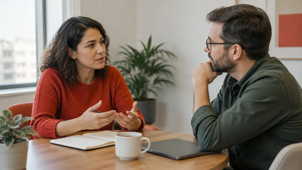 Coworkers practicing calm, specific communication while one listens attentively in a meeting room