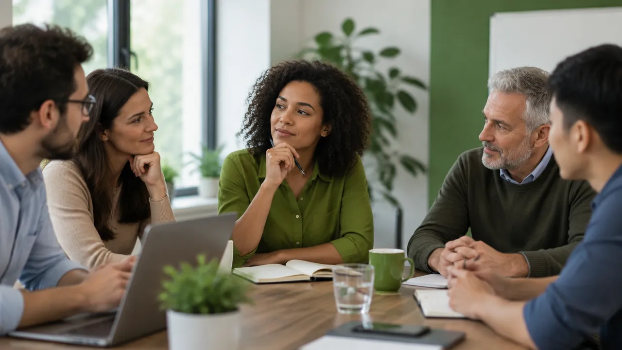 Coworkers responding to one another in a meeting, illustrating how group norms can shape individual choices.