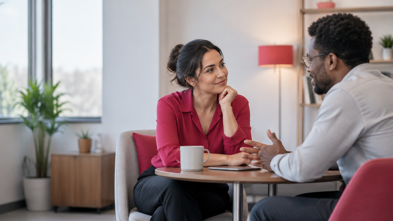 Coworkers share a gentle smile while staying attentive during a serious conversation