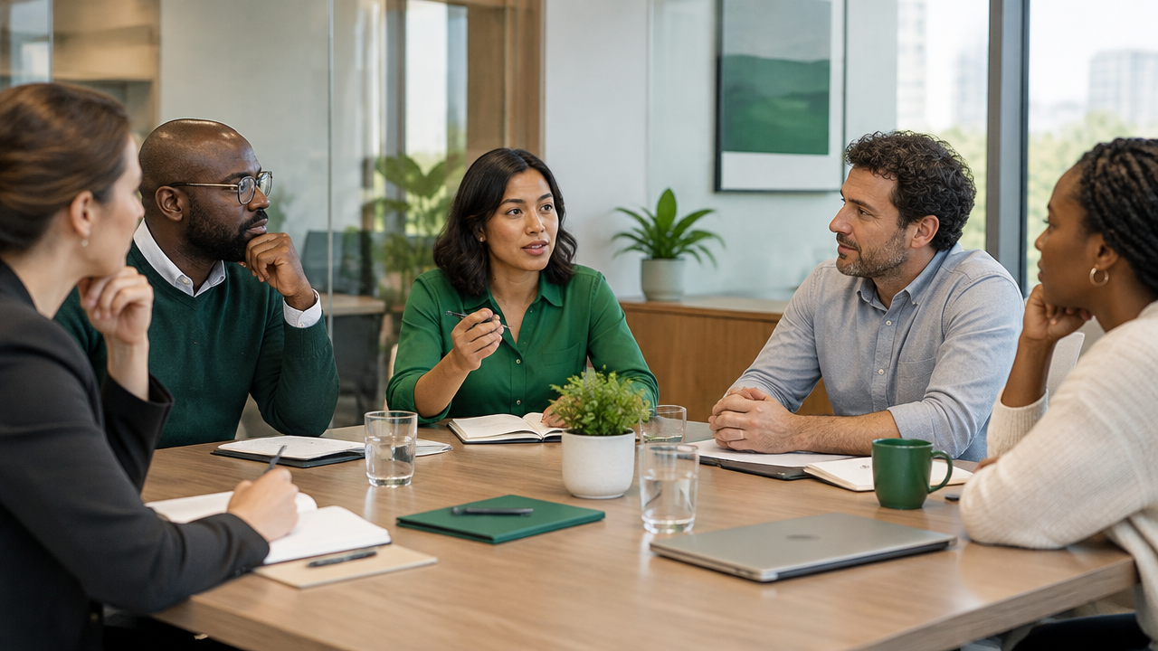 Coworkers share a thoughtful pause after an open question in an inclusive team meeting