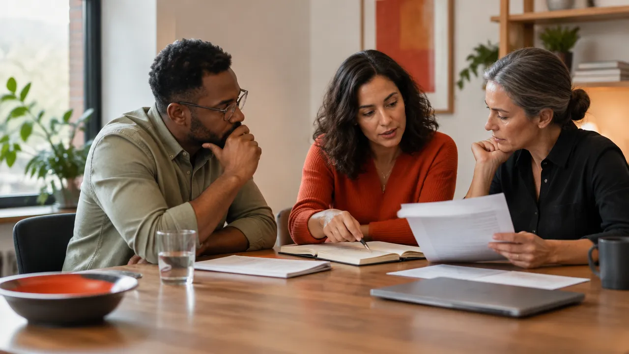 Coworkers thoughtfully review an ethical dilemma before deciding how to act