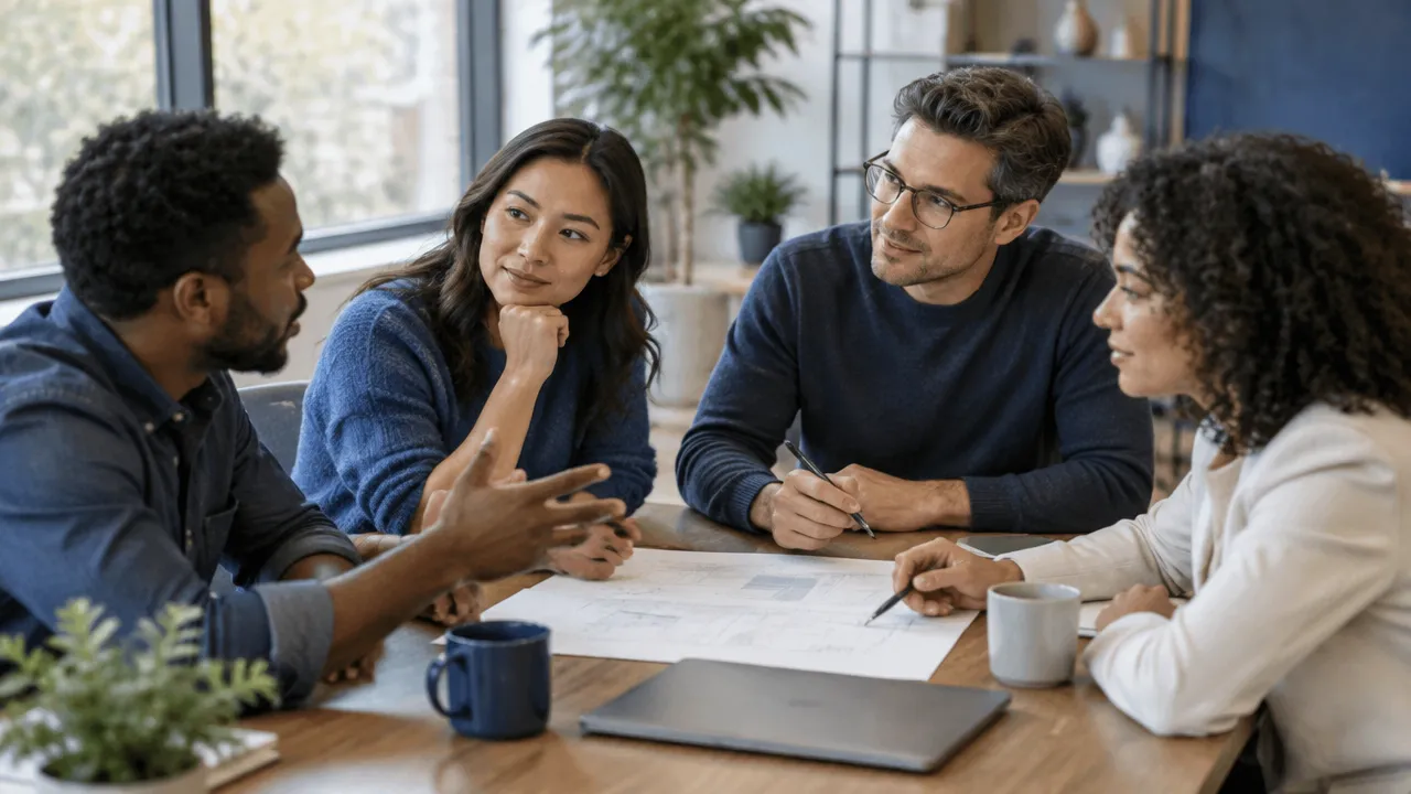 Coworkers with different perspectives collaborate around a shared plan in an inclusive meeting.