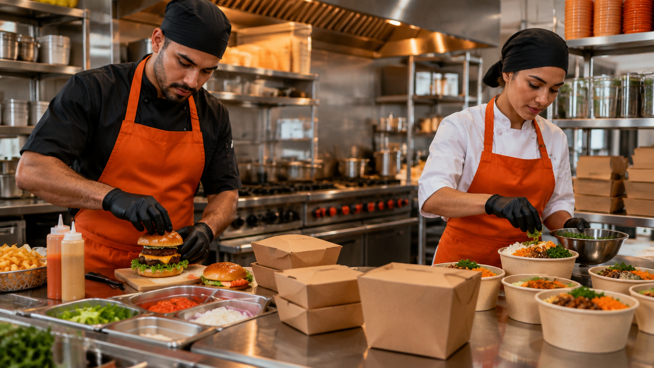 Cozinha de delivery prepara pratos de diferentes estilos em estações organizadas