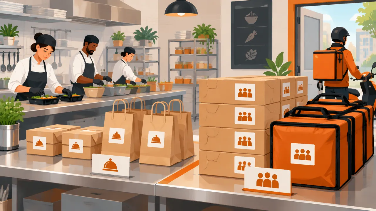 Cozinha de restaurante organizando caixas de delivery para atender um grande pedido de evento