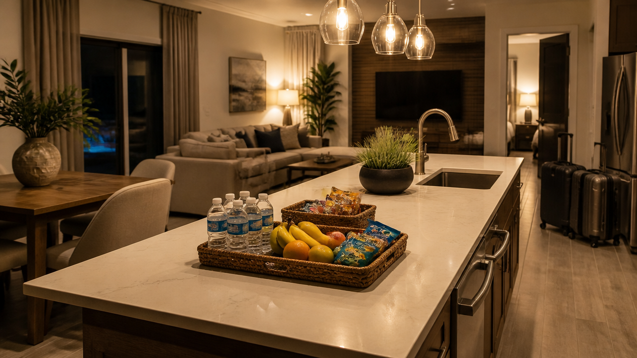 Cozinha e sala de casa de temporada em Orlando preparadas para uma chegada à noite.