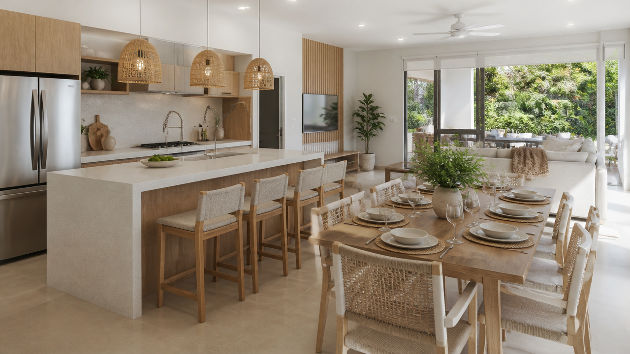 Cozinha integrada com sala ampla em casa de temporada, preparada para acomodar família ou grupo em Orlando