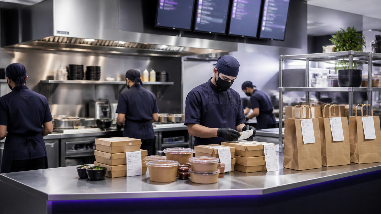 Cozinha profissional focada em delivery, com equipe preparando pedidos e embalagens sobre a bancada