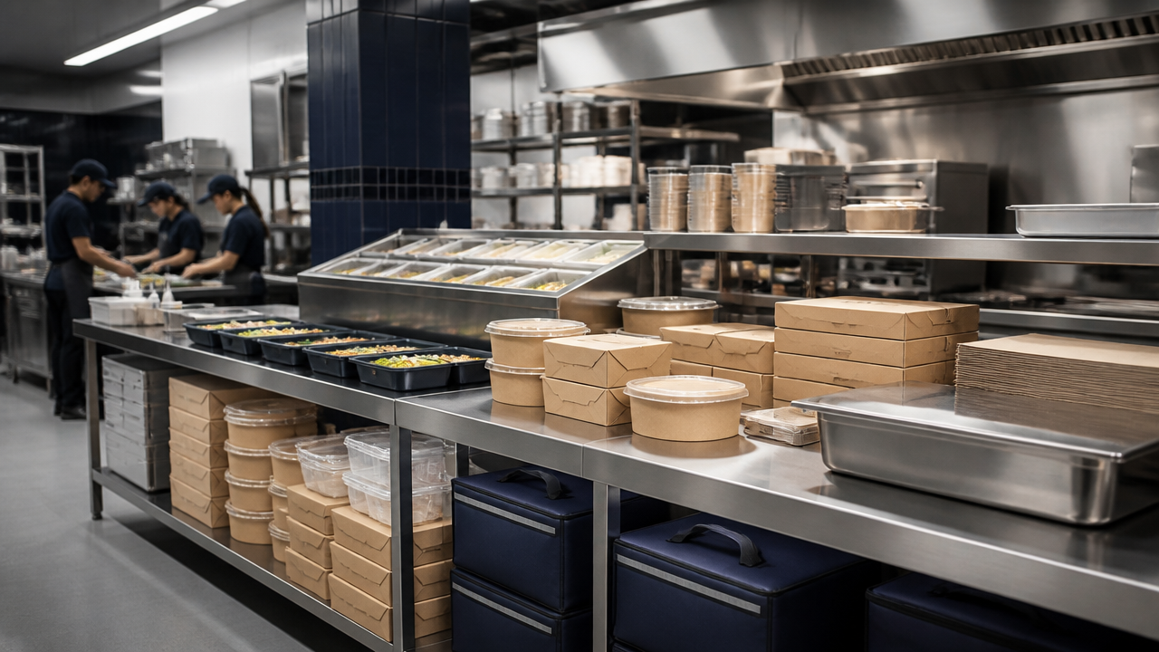 Cozinha profissional organizada para operação de delivery, com estações de preparo, montagem e expedição bem definidas
