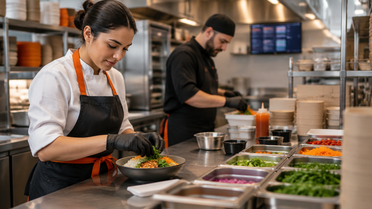 Cozinha profissional prepara pratos de diferentes cardápios em estações organizadas para delivery
