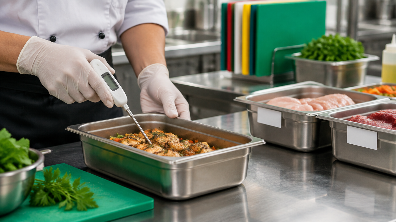 Cozinheiro mede a temperatura de um alimento preparado em bancada limpa, com ingredientes crus mantidos separados