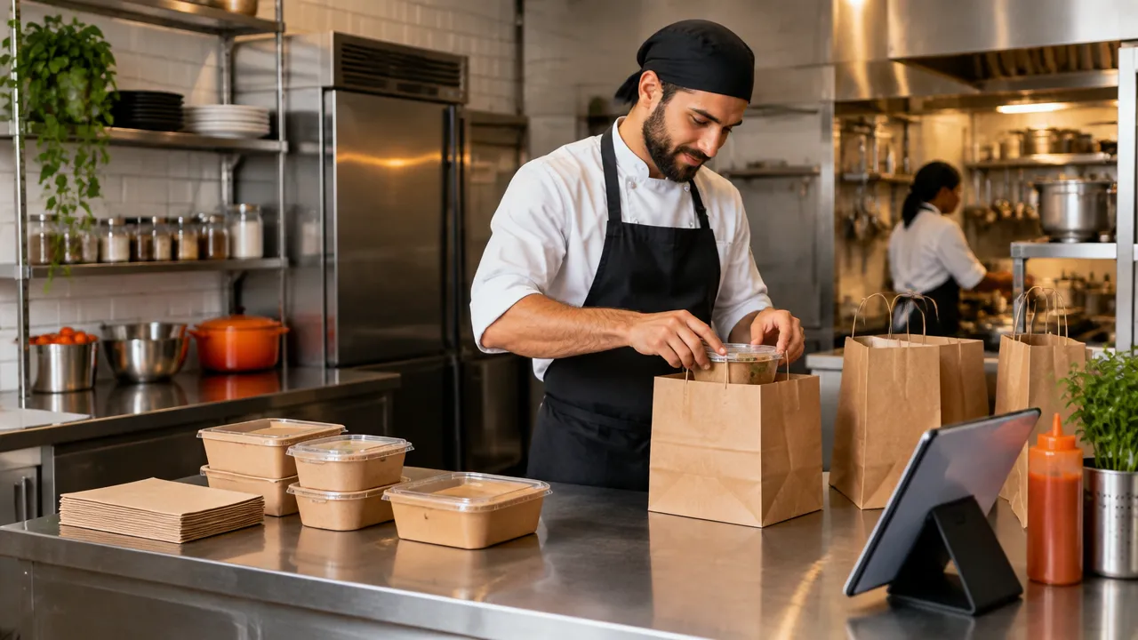 Cozinheiro organiza pedidos de delivery em uma cozinha profissional de restaurante virtual