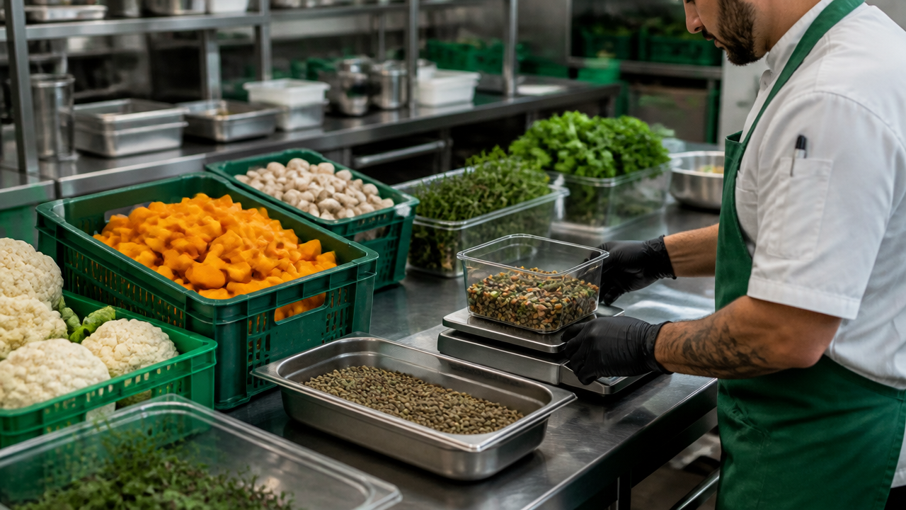 Cozinheiro organizando vegetais sazonais e porções em mesa de preparo com balança em cozinha profissional