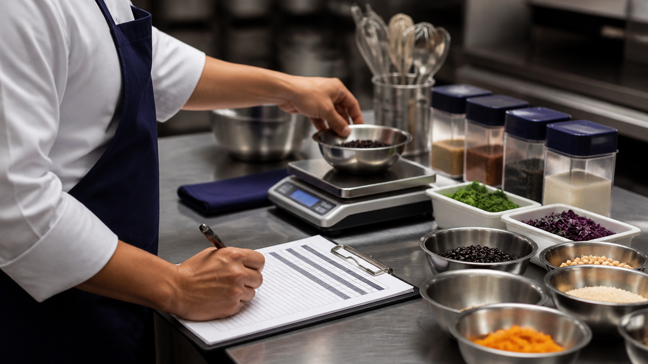 Cozinheiro pesando ingredientes e preenchendo ficha técnica para controlar custos.