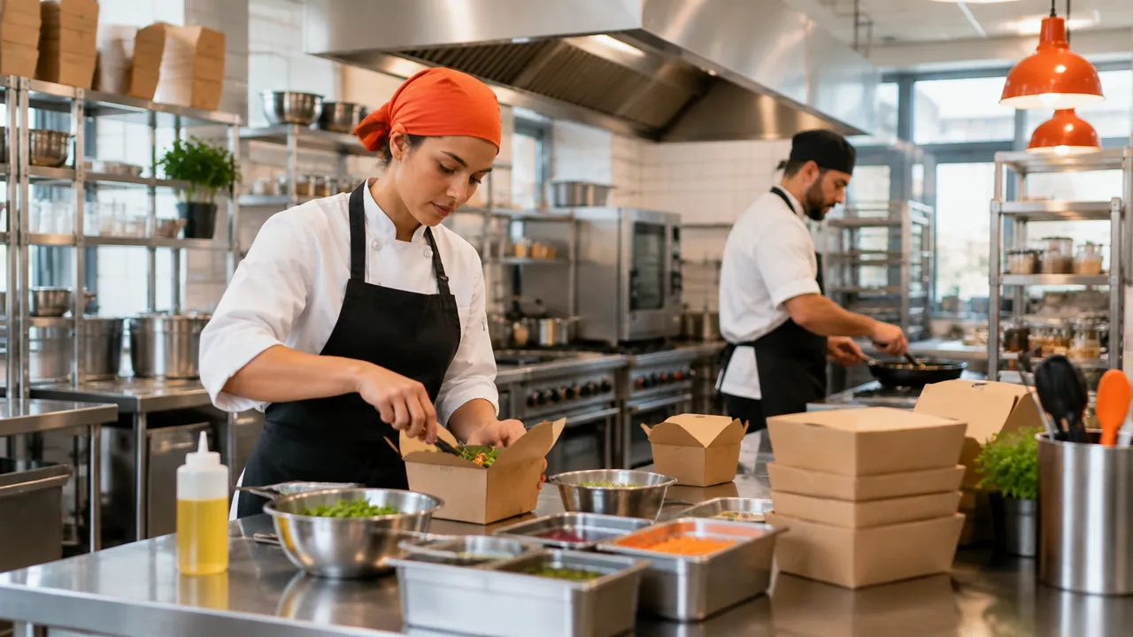 Cozinheiros trabalhando em estações diferentes de uma cozinha comercial compartilhada para preparar pedidos de delivery
