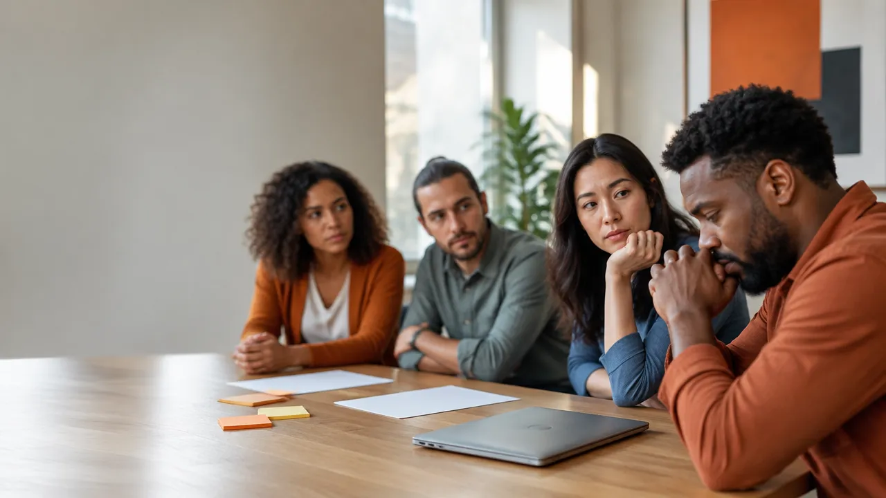 Creative colleagues sit in a tense meeting, illustrating how unresolved anger can make collaboration and sharing new ideas more difficult.