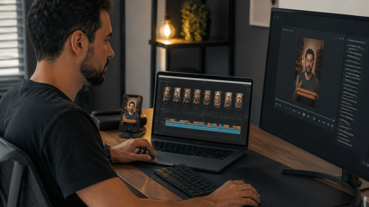 Criador de conteúdo editando vídeo longo em vários clipes curtos no notebook