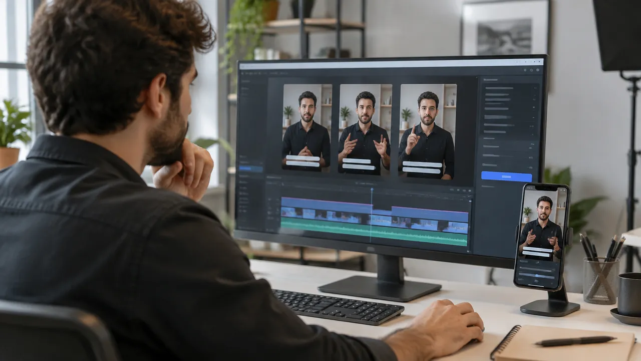 Creator reviewing vertical cuts with subtitles before publishing videos on social media