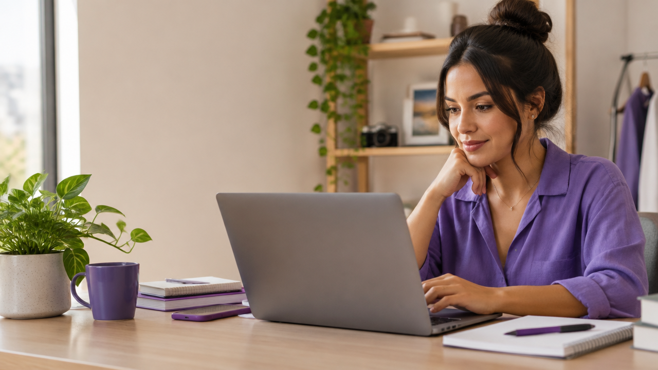 Criadora de conteúdo analisando resultados de marketing de afiliados em um laptop