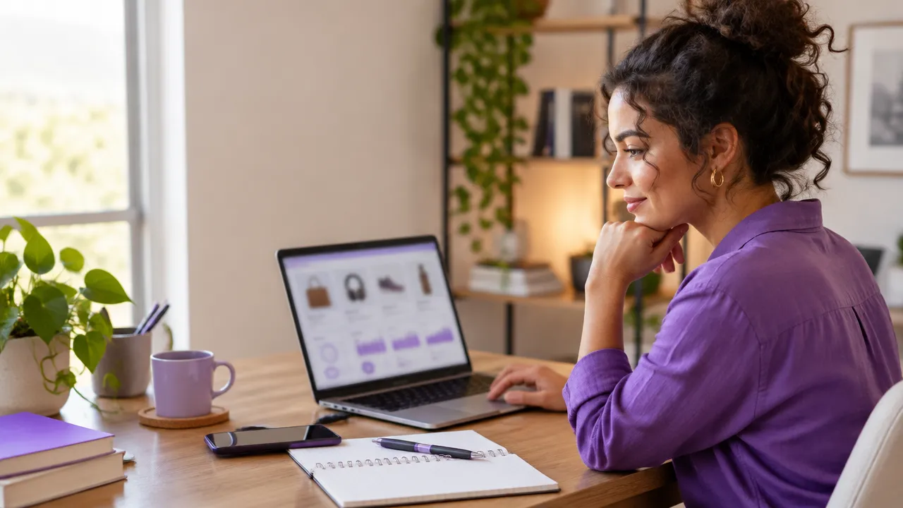 Criadora de conteúdo compara programas de afiliados no notebook em um ambiente de trabalho