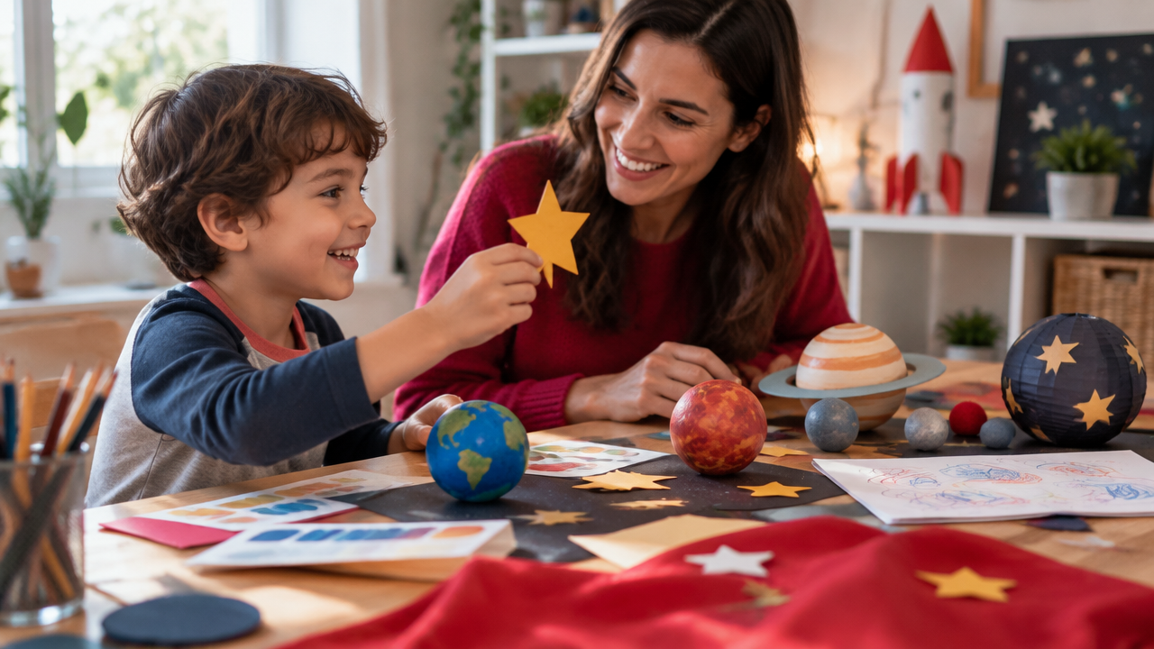 Criança e responsável planejam juntos uma decoração artesanal com tema espacial