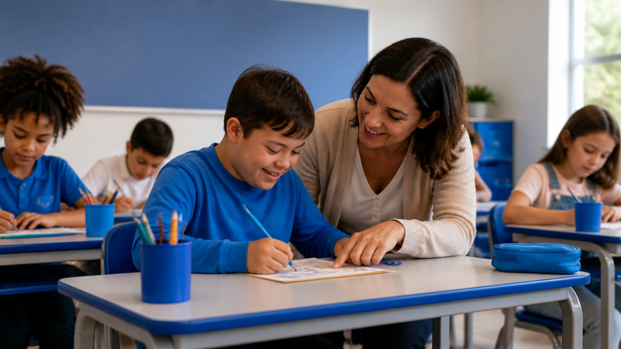 Criança em escola regular com apoio pedagógico em ambiente inclusivo