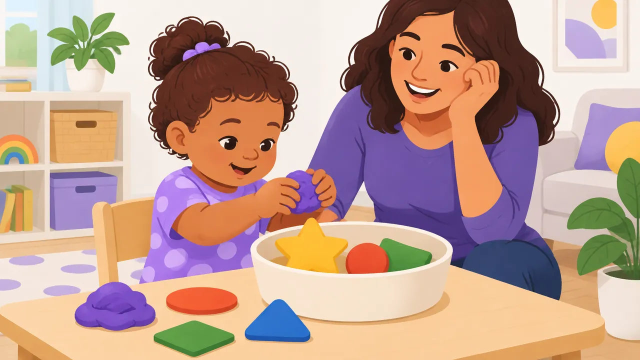 Criança pequena aperta massinha e coloca formas grandes em um recipiente enquanto um adulto acompanha a brincadeira.
