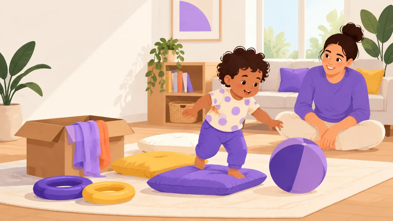 Criança pequena brinca em um espaço seguro com almofadas, bola macia e objetos simples, enquanto um adulto acompanha.
