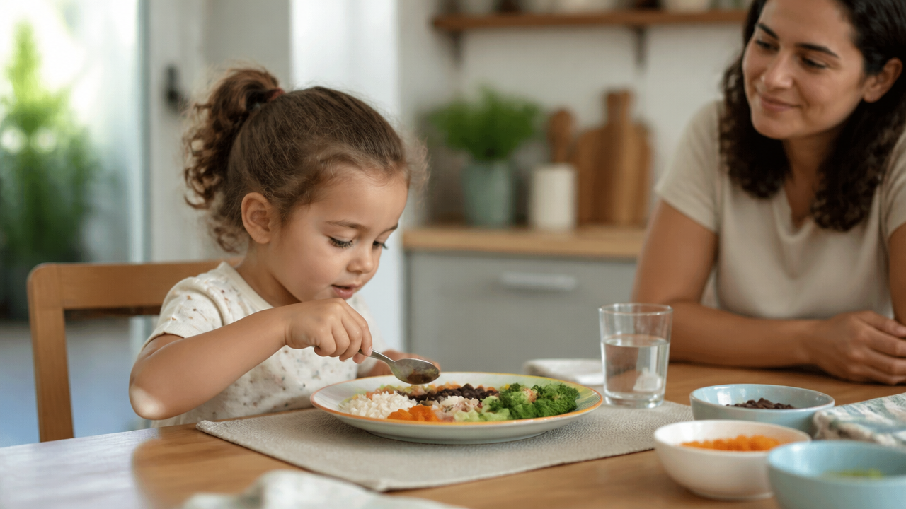 Criança pré-escolar comendo sozinha em casa, com apoio discreto de um adulto