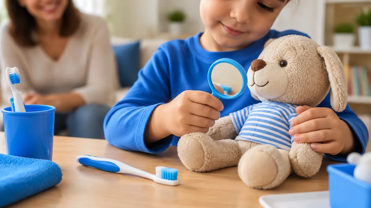 Criança usa escova e espelho de brinquedo para encenar uma consulta odontológica com um boneco