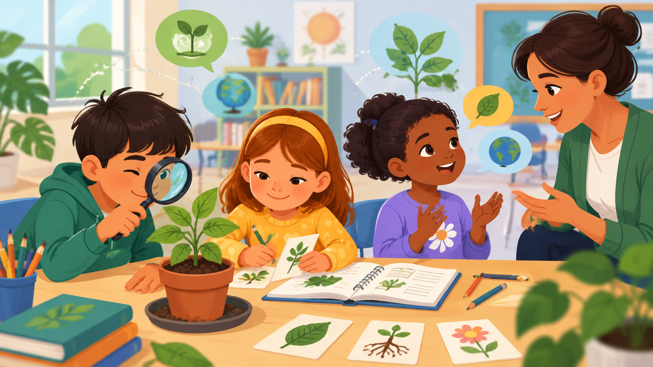 Crianças exploram uma planta e praticam um idioma adicional em um projeto escolar colaborativo