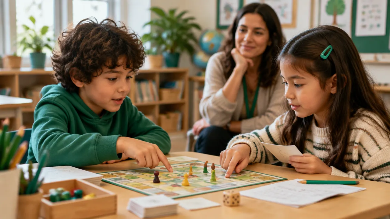 Crianças negociam regras de um jogo enquanto uma educadora acompanha a conversa