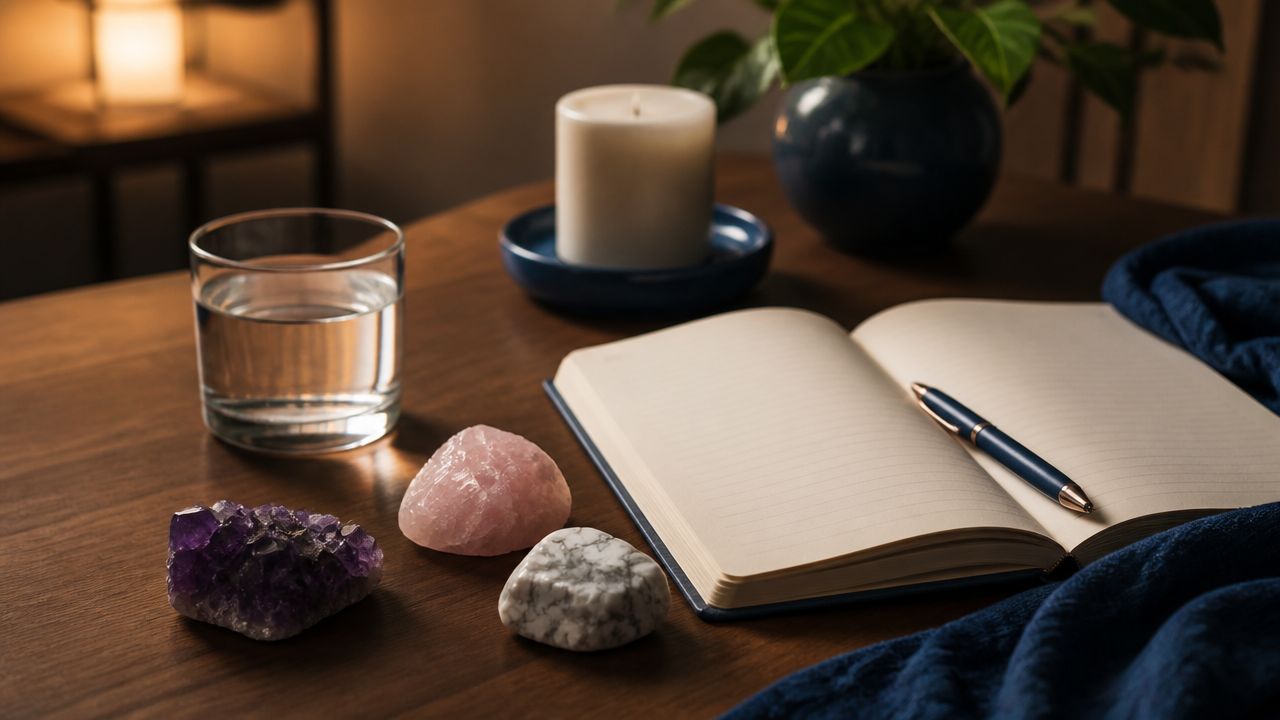 Cristais, copo com água e caderno organizados para um ritual simples de autocuidado e serenidade.