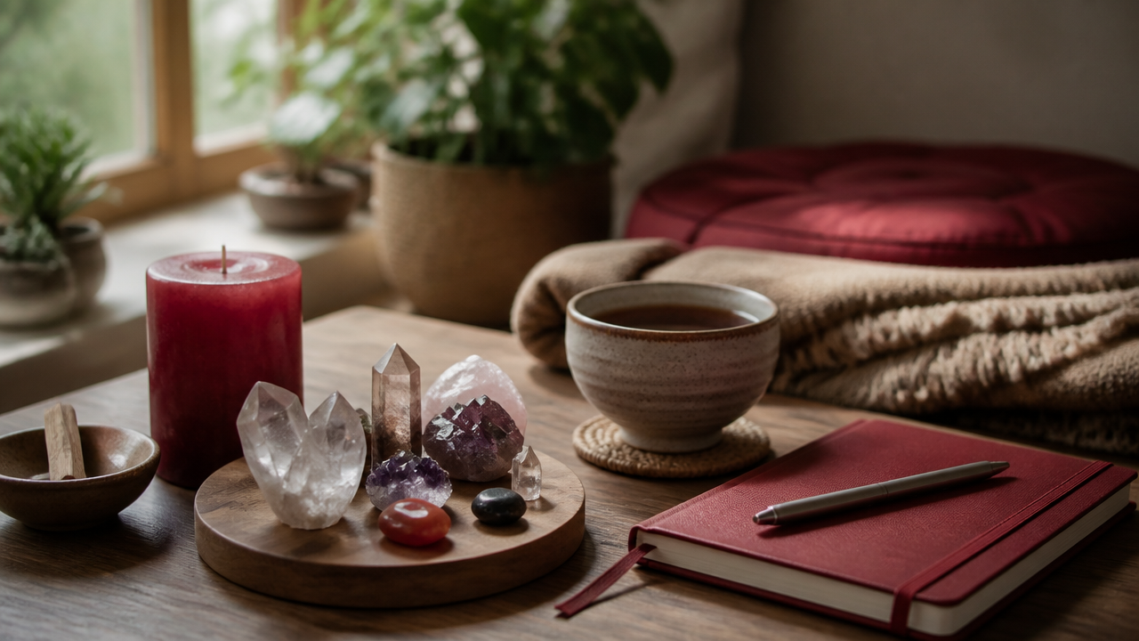 Cristais em um canto de meditação doméstico ao lado de caderno e chá