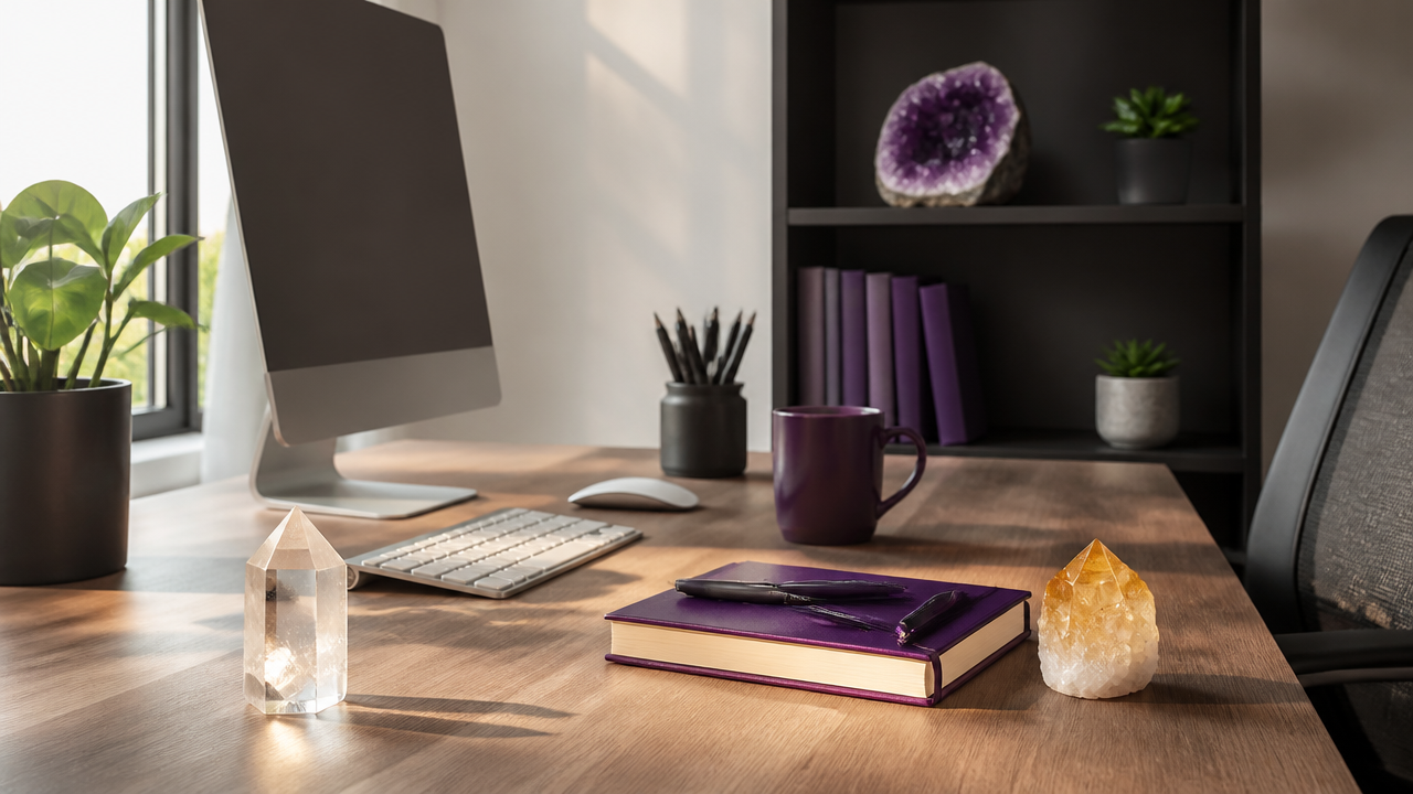 Cristais posicionados em mesa de escritório para foco e equilíbrio