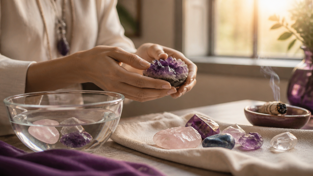 Cristais sendo limpos e energizados em ritual simples e delicado