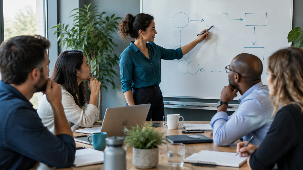Cross-functional colleagues map workflow connections while investigating a recurring workplace problem