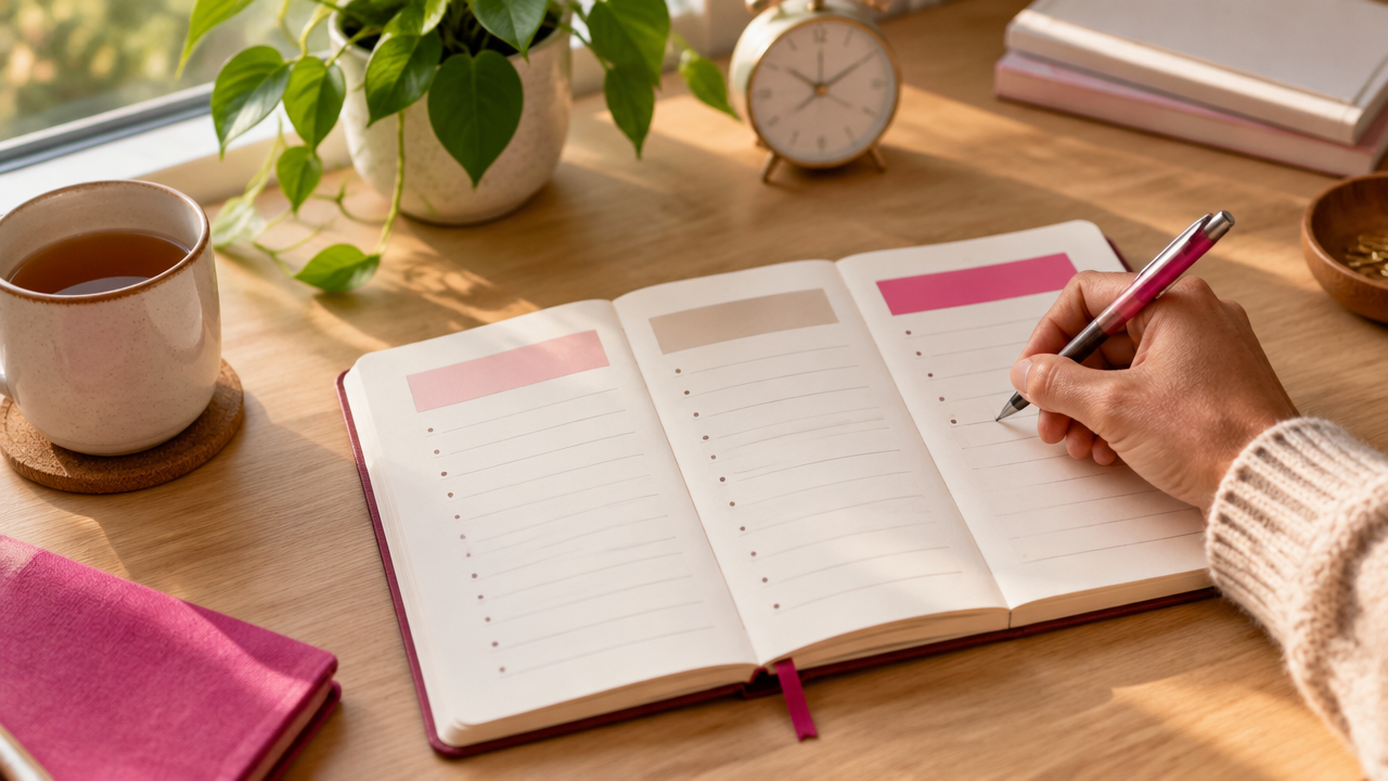 Cuaderno abierto con una mano escribiendo durante un ejercicio de reflexión sobre el tiempo