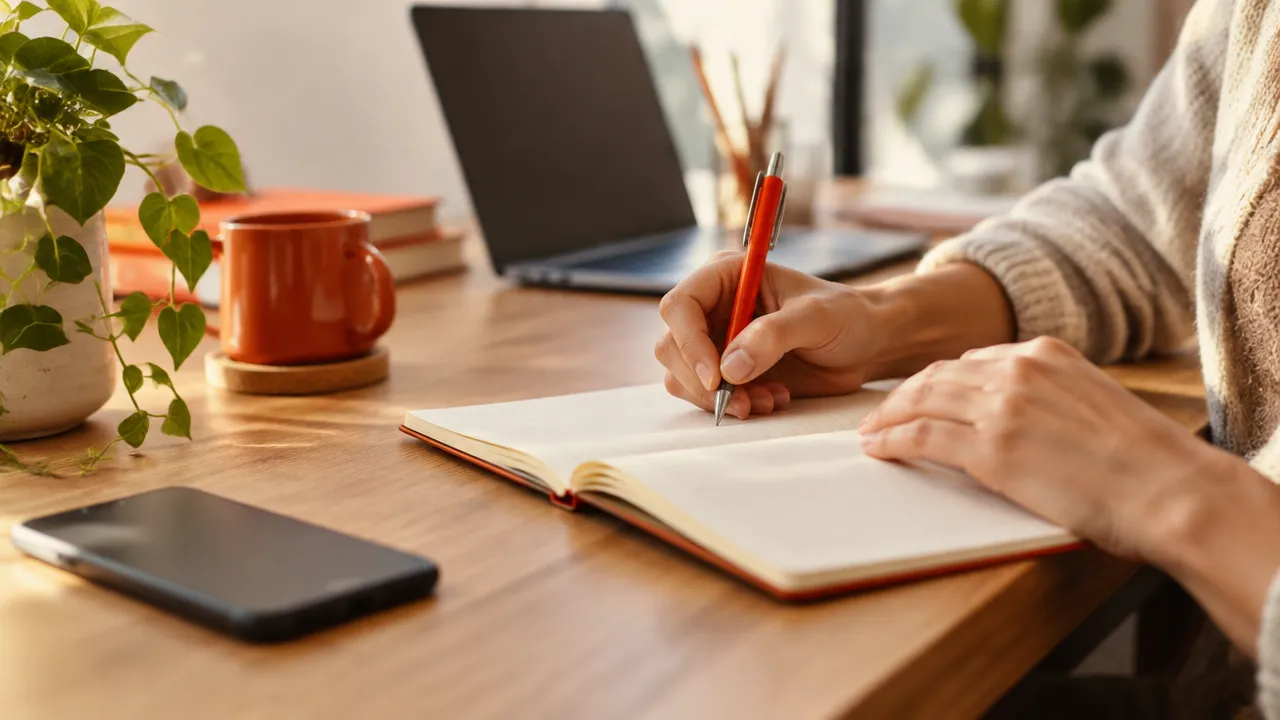 Cuaderno abierto en un escritorio mientras el teléfono permanece apartado para facilitar la concentración
