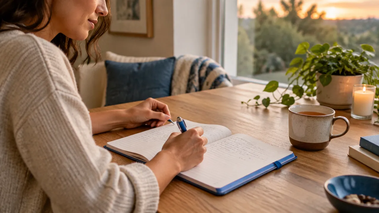 Cuaderno abierto en una pausa de reflexión para revisar emociones, valores y acciones del día