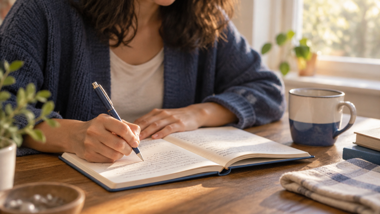 Cuaderno abierto junto a una taza mientras una persona escribe sus observaciones tras una práctica de autoindagación