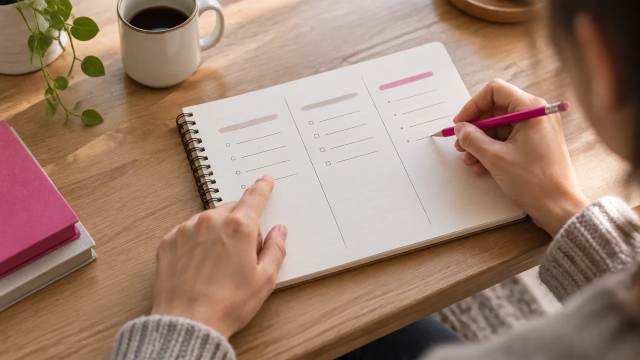 Cuaderno con notas organizadas mientras una persona examina sus ideas y distingue hechos de interpretaciones.