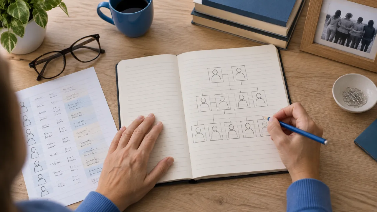 Cuaderno con un esquema familiar y notas organizadas mientras una persona recopila antecedentes de salud.