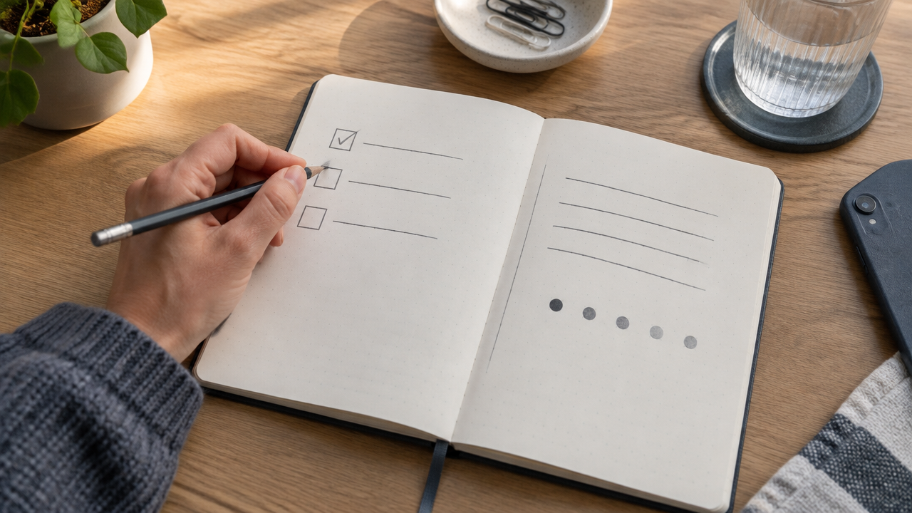 Cuaderno con una revisión diaria del plan, las tareas realizadas y la energía disponible