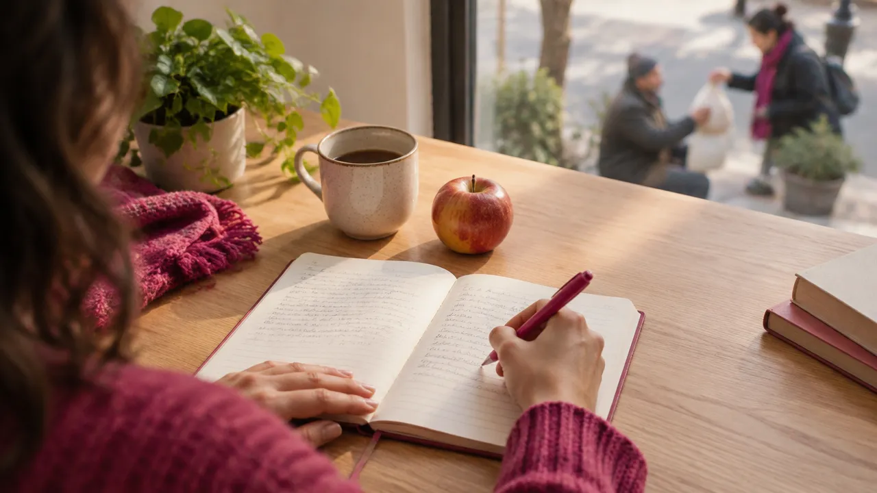 Cuaderno de reflexión junto a una taza y una manzana, una escena para practicar gratitud cotidiana con conciencia crítica.