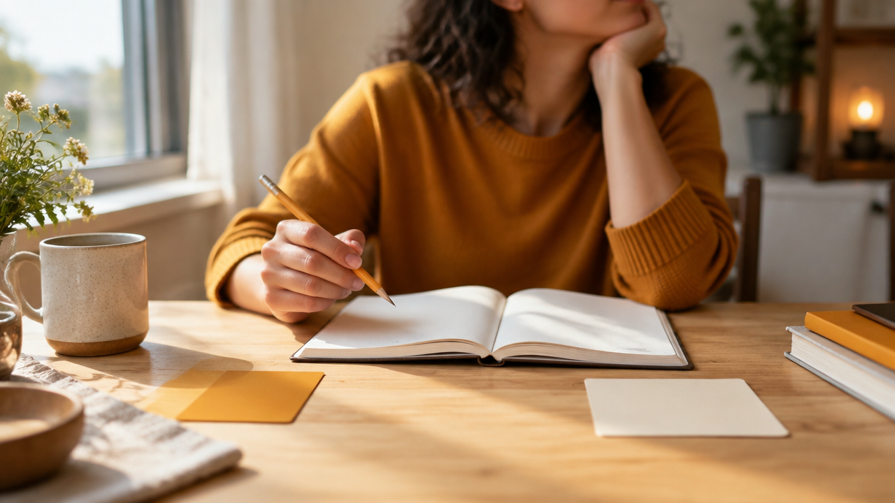 Cuaderno y dos tarjetas sobre una mesa mientras una persona reflexiona para integrar necesidades opuestas.